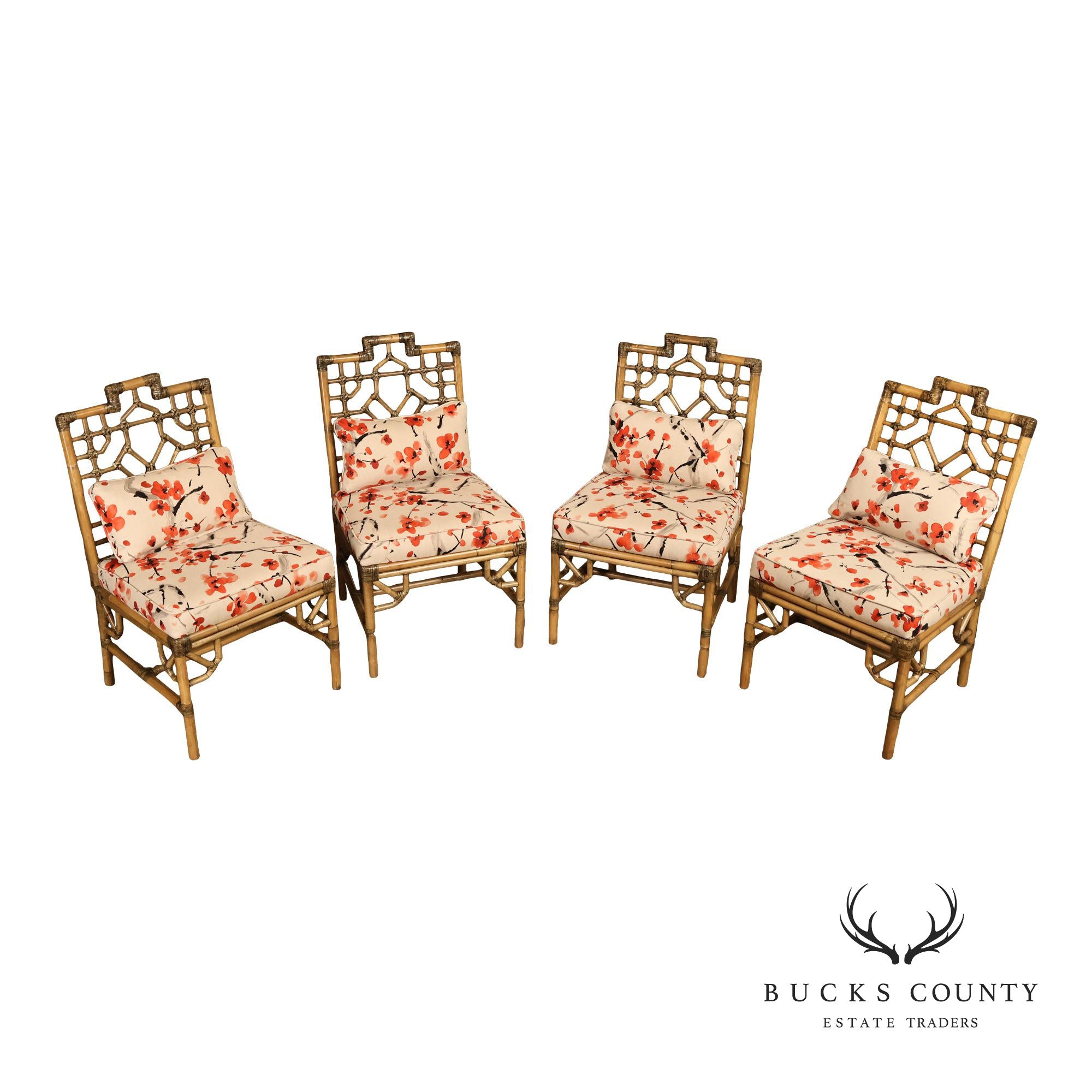 Chinese Chippendale Style Set Of Four Rattan Bamboo Dining Chairs