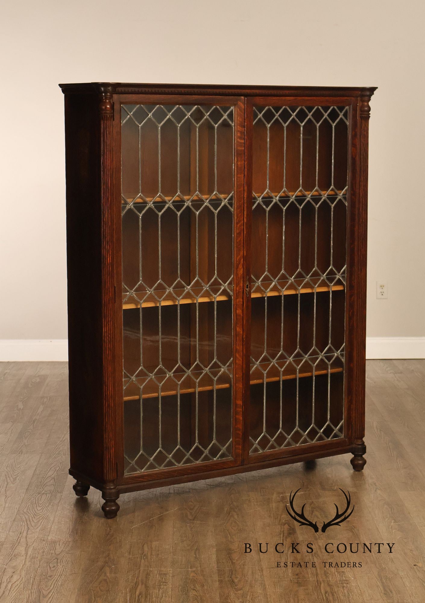 Arts and Crafts Antique Oak and Leaded Glass Bookcase