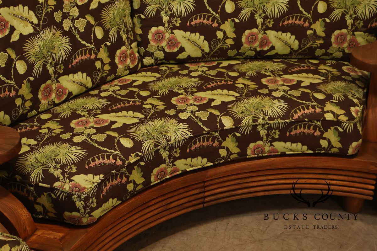 Curved Teak Modular Sofa With Floral Upholstery