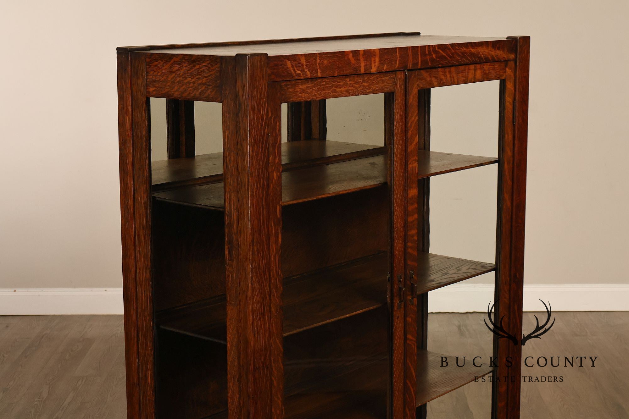 Antique Grand Rapids Oak Arts & Crafts Glass Door Bookcase Cabinet