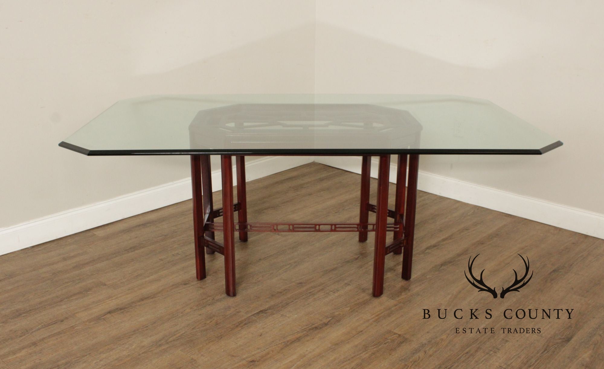 Chinese Chippendale Style Glass Top Mahogany Dining Table