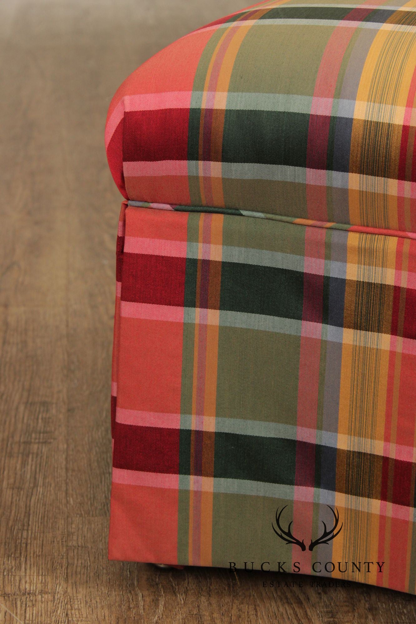 'A Colony Original'  Pair Of Upholstered Plaid Skirted Ottomans
