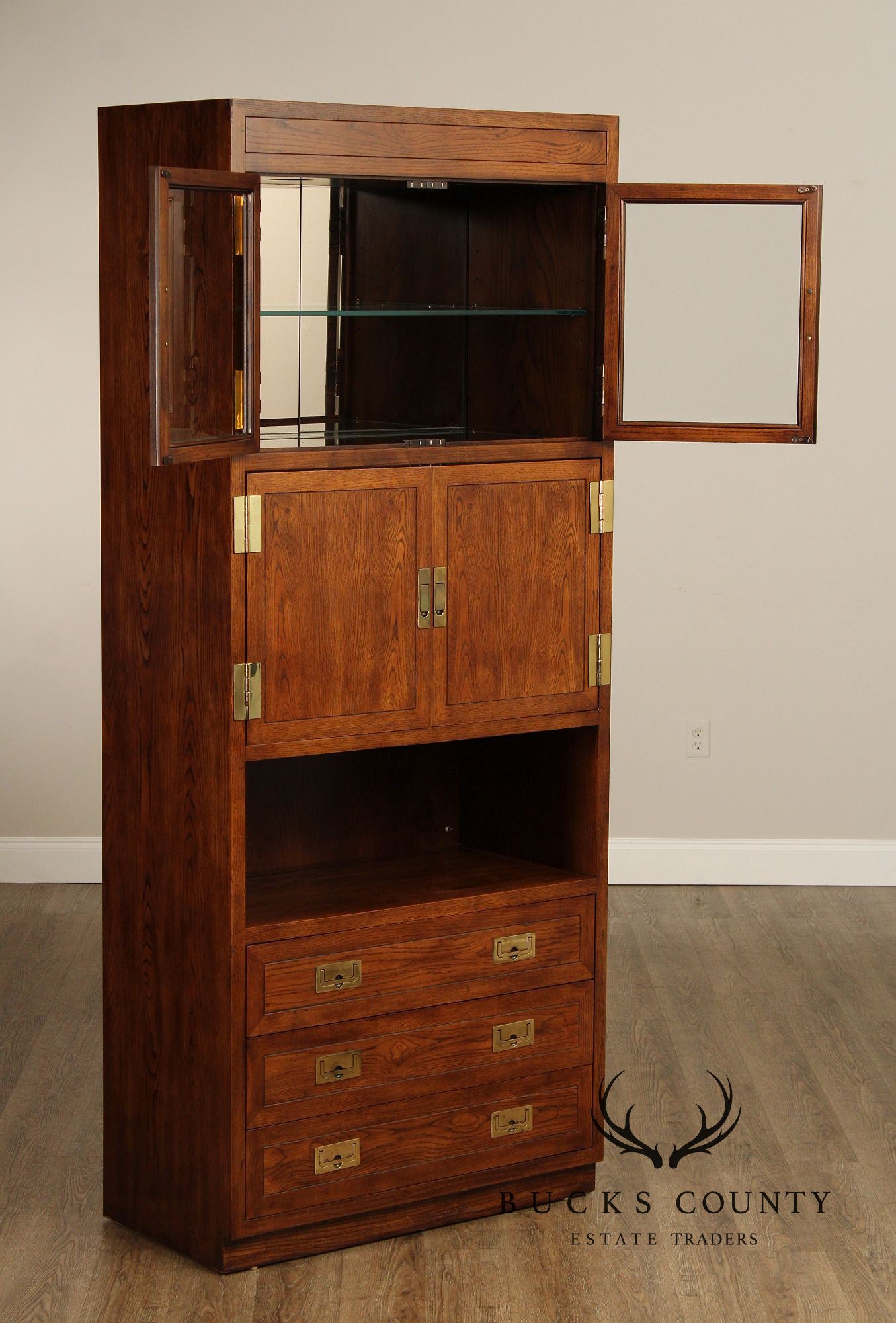 Henredon 'Scene One' Campaign Style Oak Bookcase Display Bar Cabinet