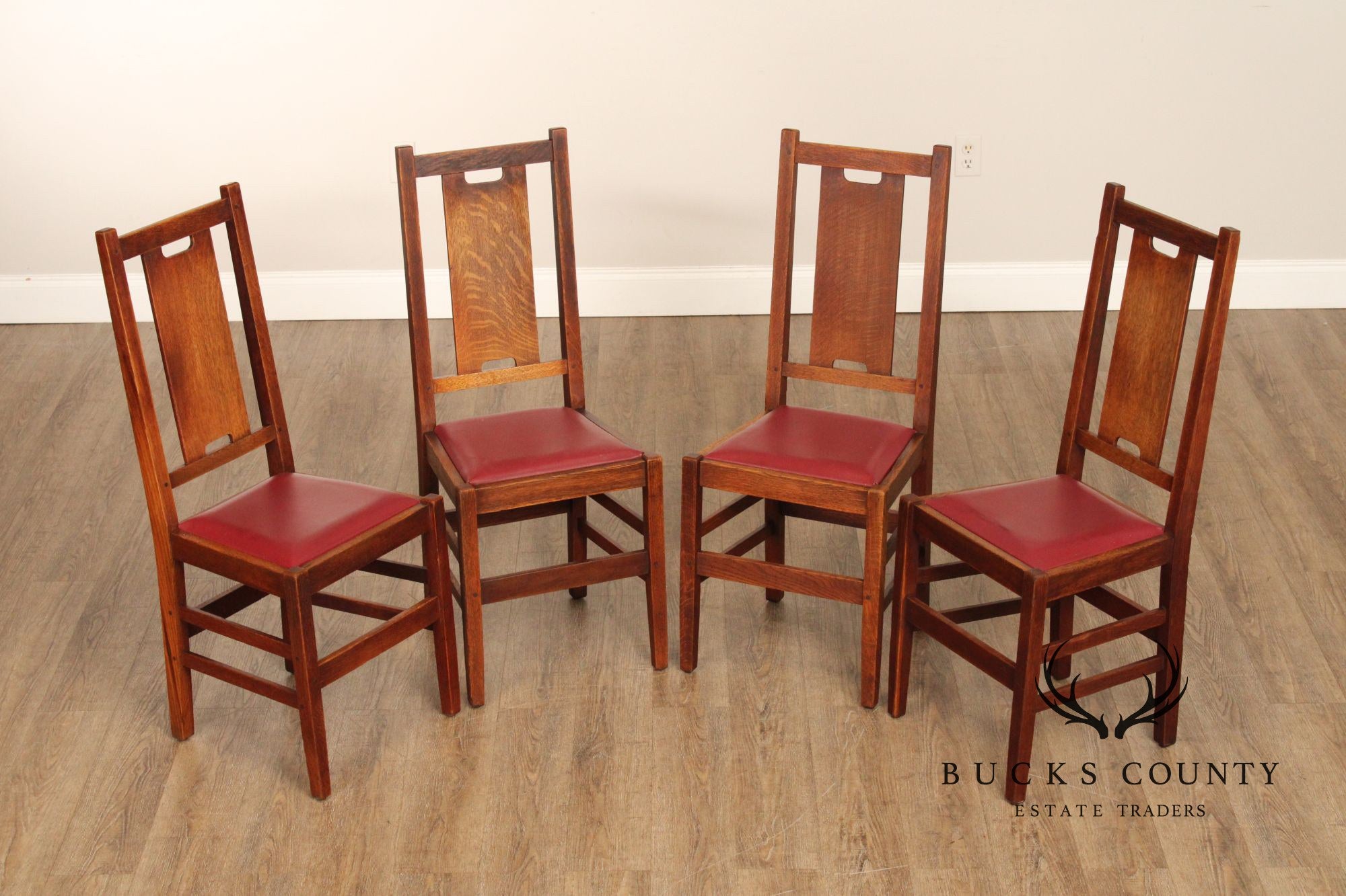 Gustav Stickley Antique Set Of Four Oak H-Back Dining Chairs