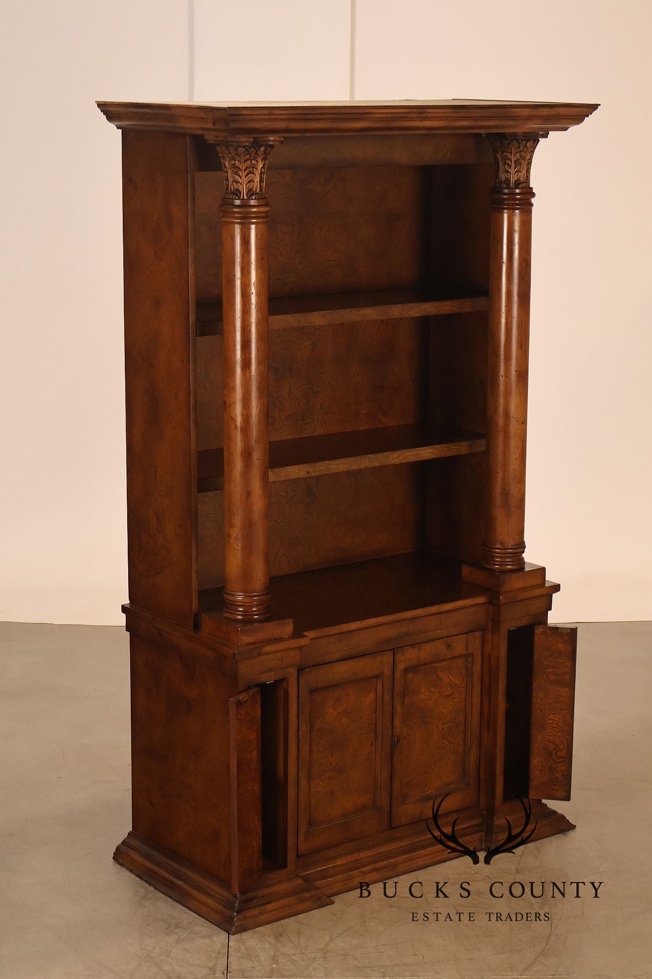 Large Classical Style Burl Wood Open Bookcase With Corinthian Columns
