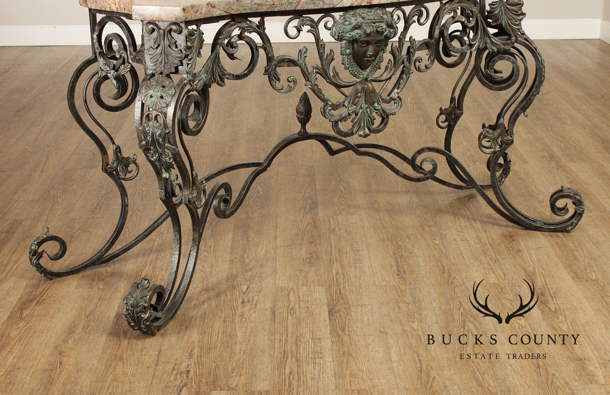 Maitland Smith Italian Rococo Style Scrolled Iron And Bronze Marble Top Console Table