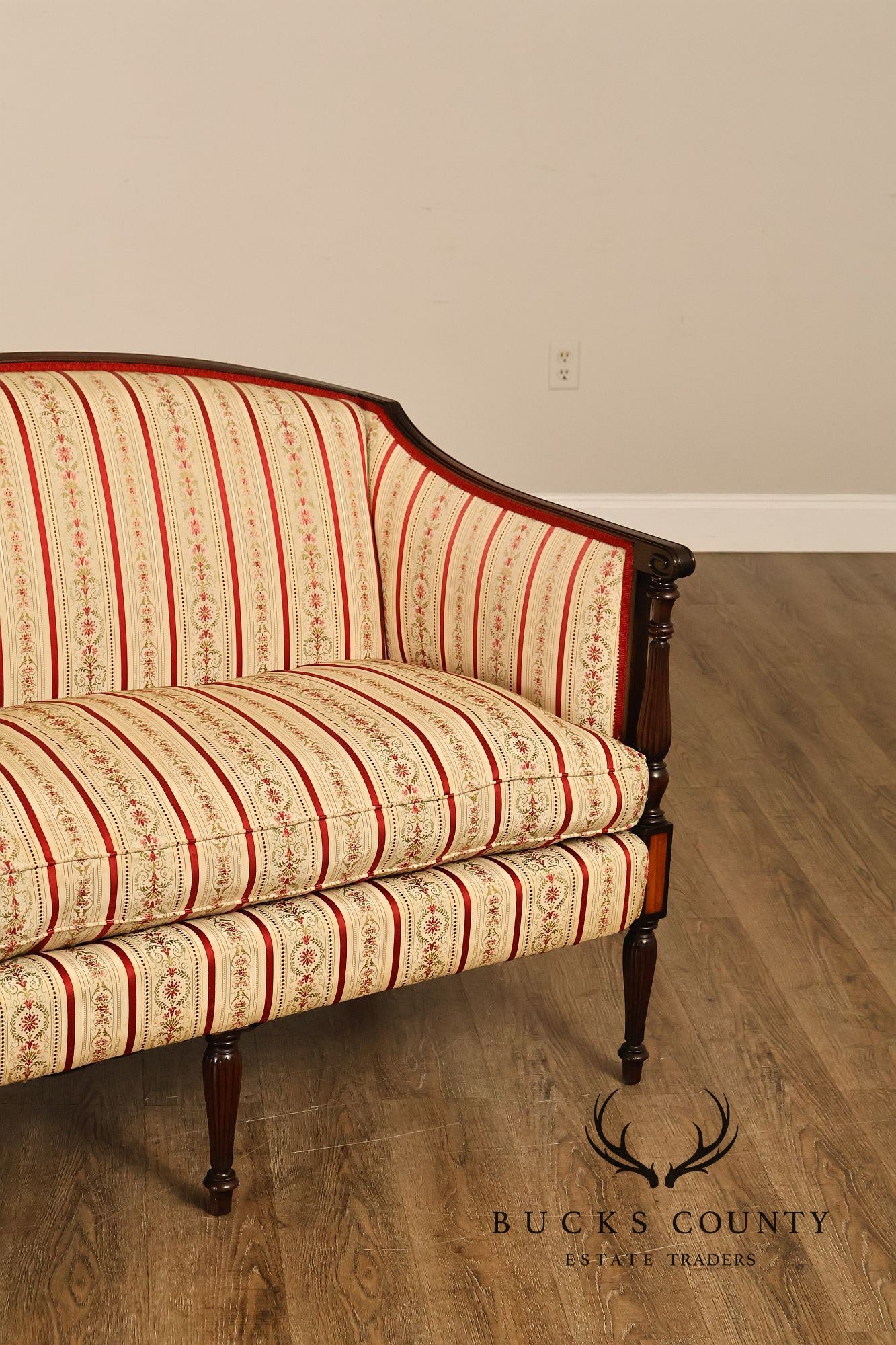Vintage Sheraton Style Mahogany Inlaid Upholstered Loveseat