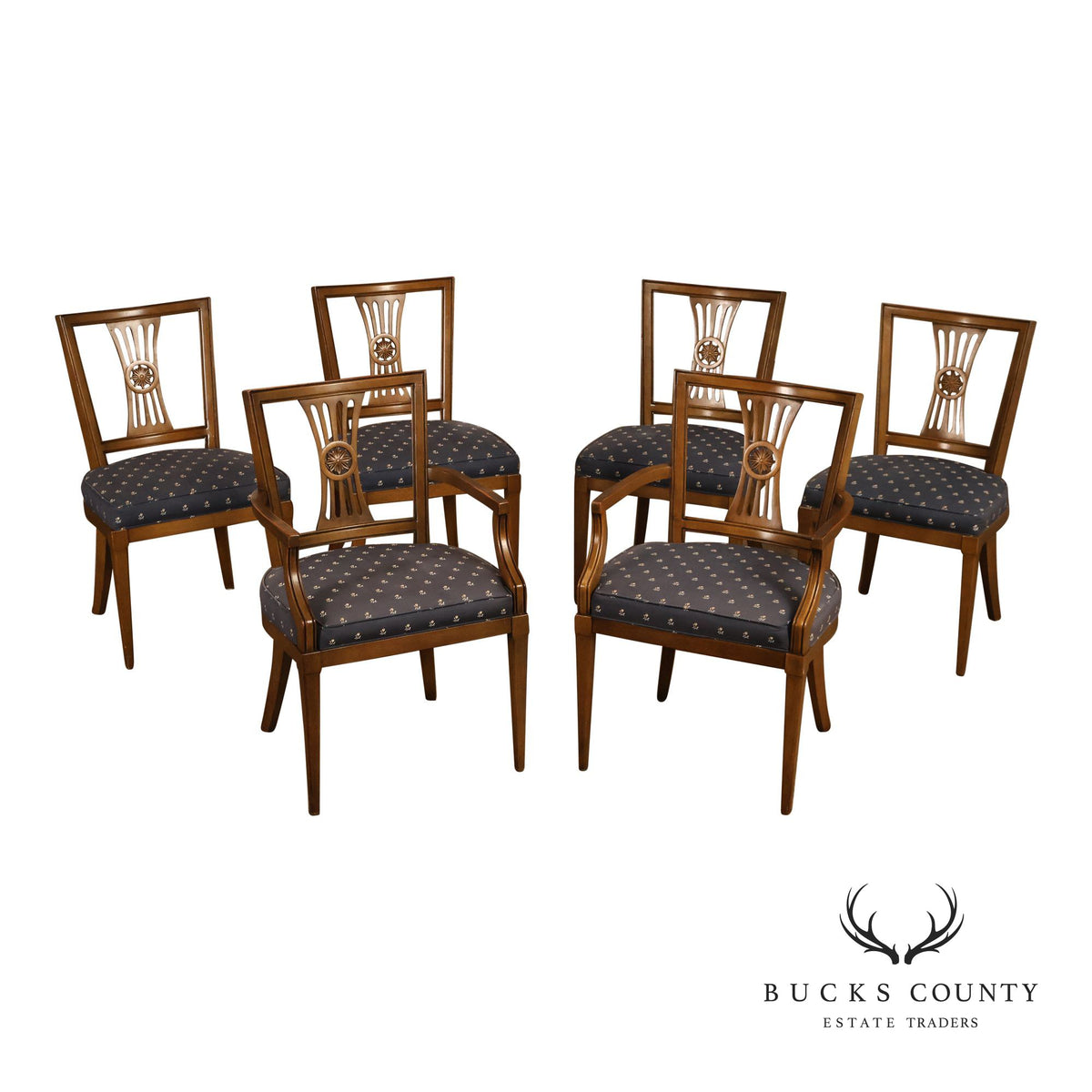 Henredon Gustavian Style Walnut Set Of 6 Dining Chairs With Rosette Backs