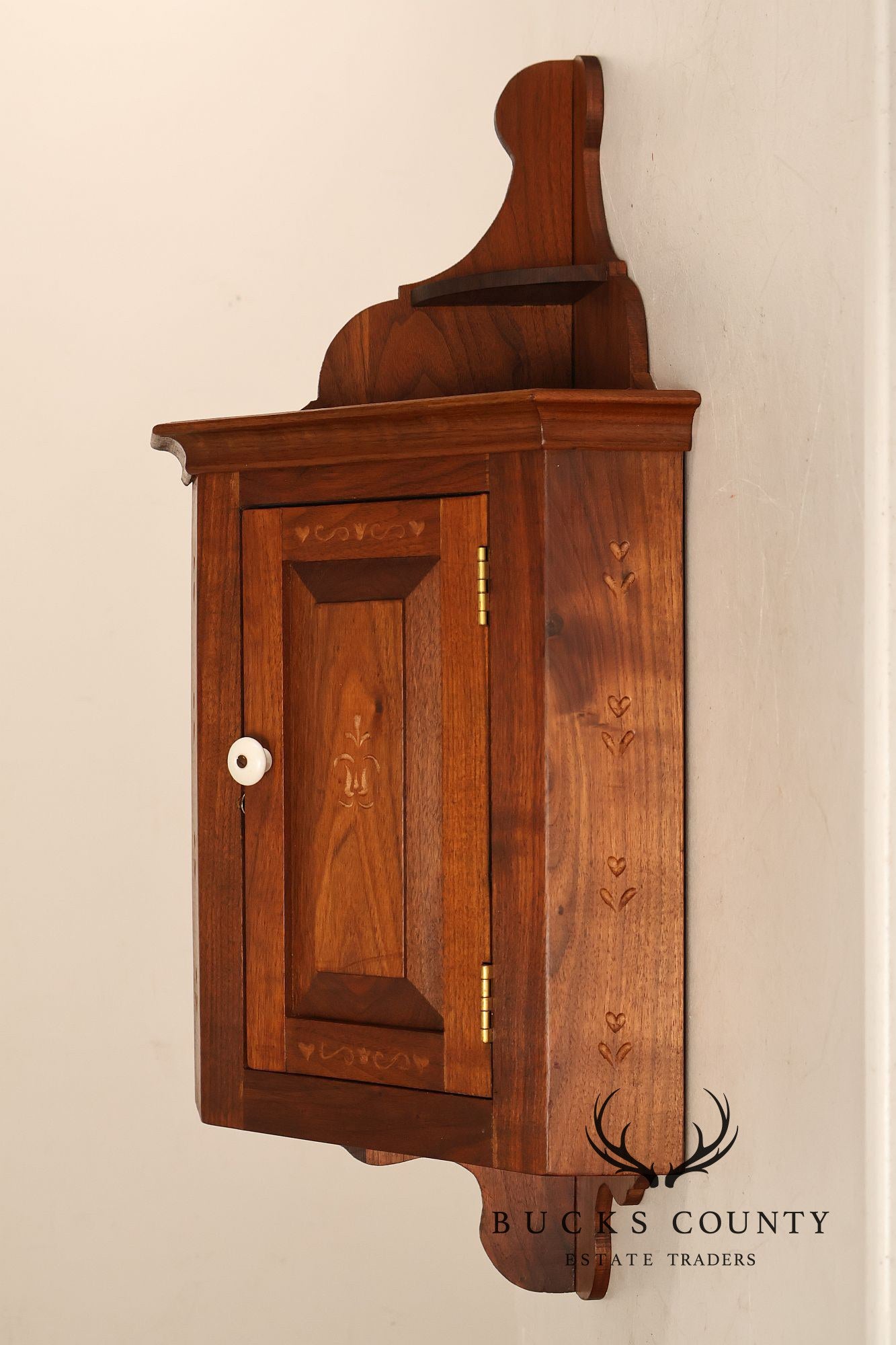 Pennsylvania Dutch Style Walnut Wall Hanging Corner Cupboard