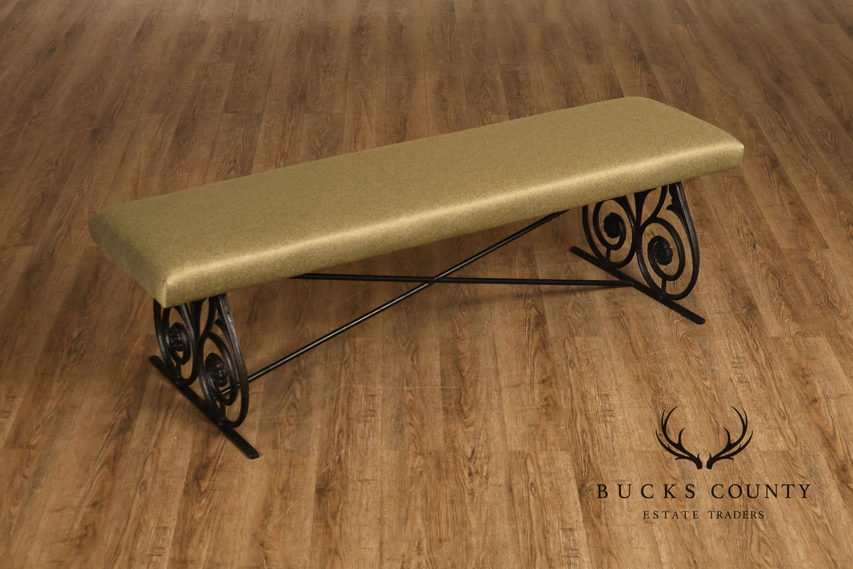 Vintage Wrought Iron Scrollwork Upholstered Bench