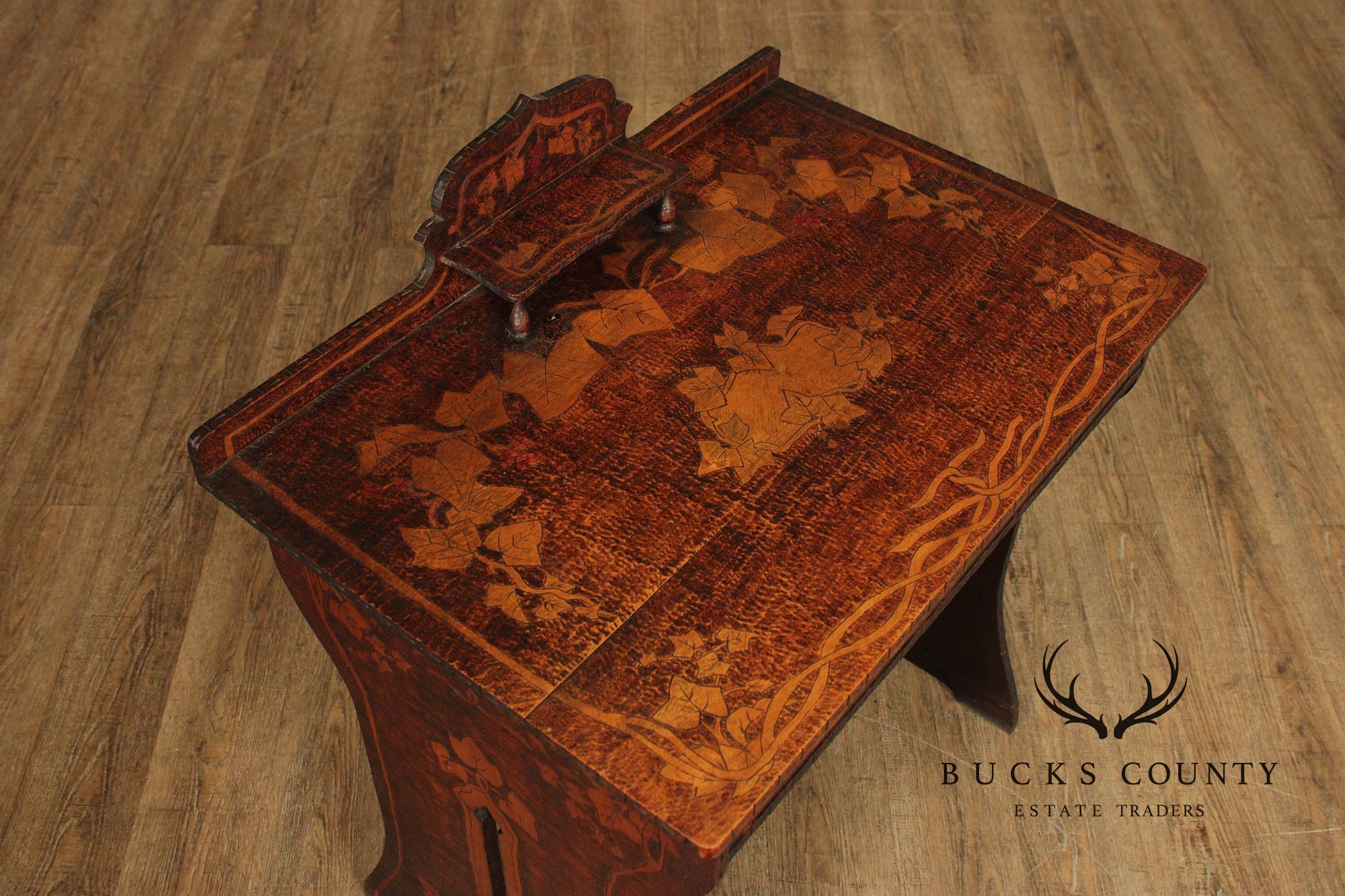 Antique Art Nouveau Style Carved And Pyrography Writing Desk And Chair Set