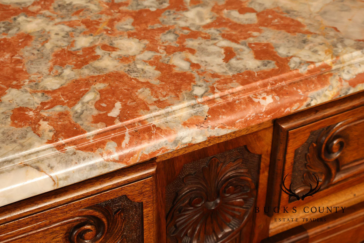 French Louis XV Style Carved Walnut Marble Top Buffet Sideboard