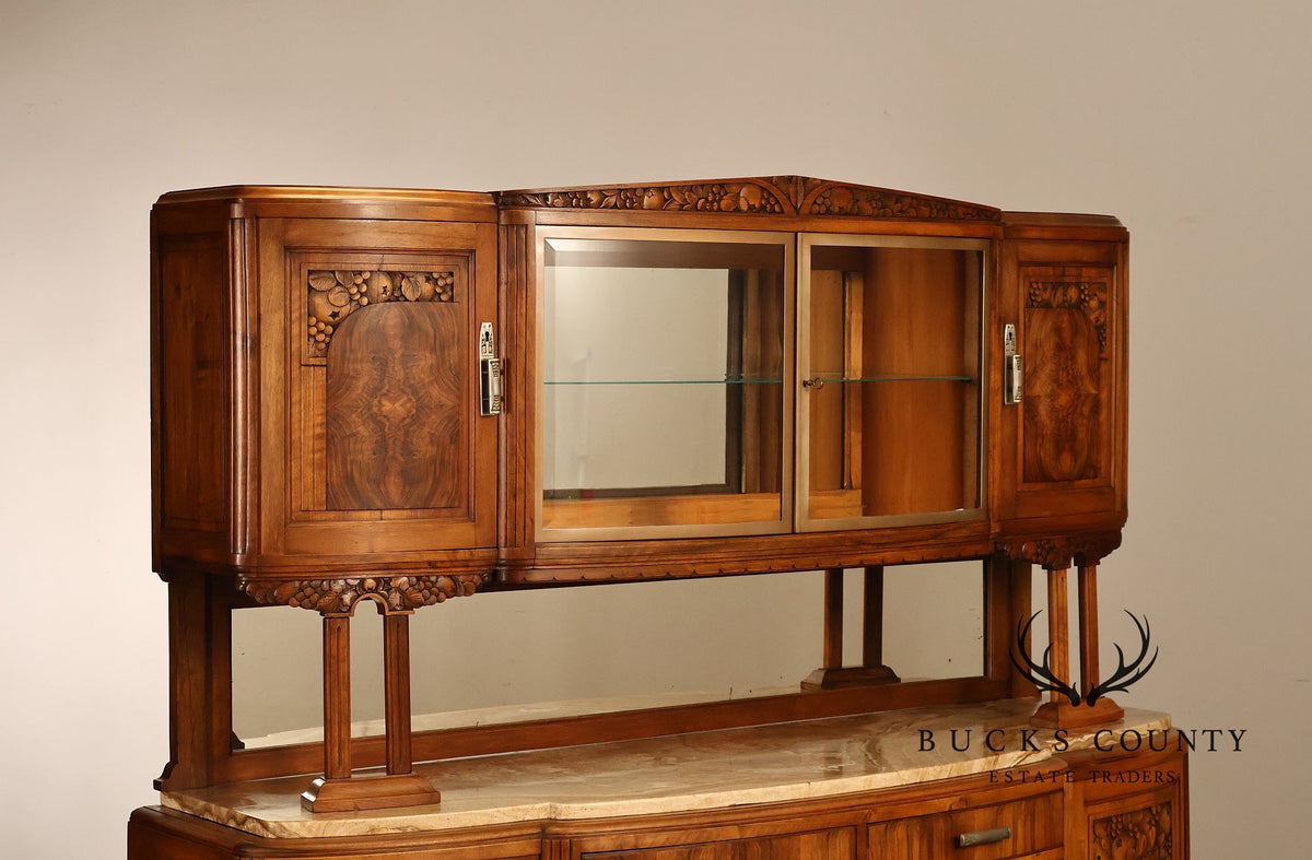 Antique European Art Deco Burl Walnut Marble Top Buffet With Art Nouveau Influence