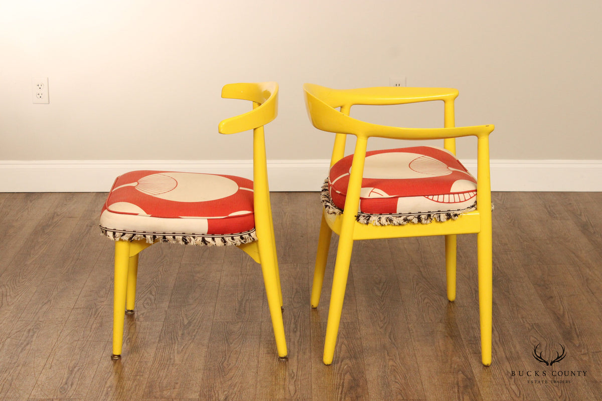 Vintage Mid Century Modern Pair Of Yellow Barrel Back Dining Chairs With Graphic Upholstery