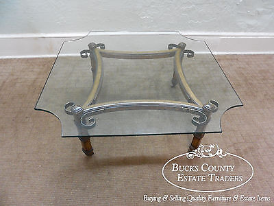 Vintage Spanish Mediterranean Style Walnut Scrolled Metal Glass Top Coffee Table