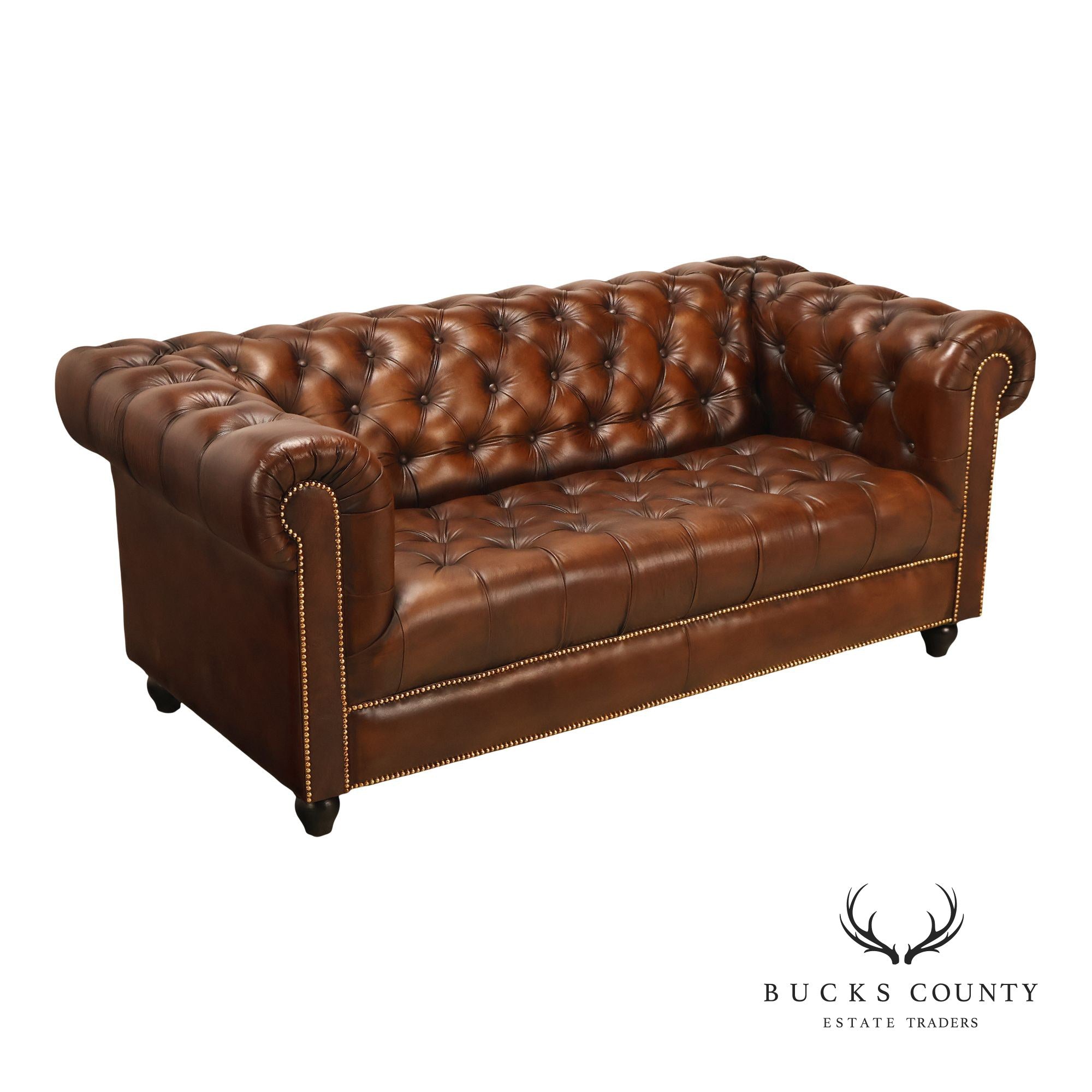 Chesterfield Style 6 Foot Cognac Brown Tufted Leather Sofa