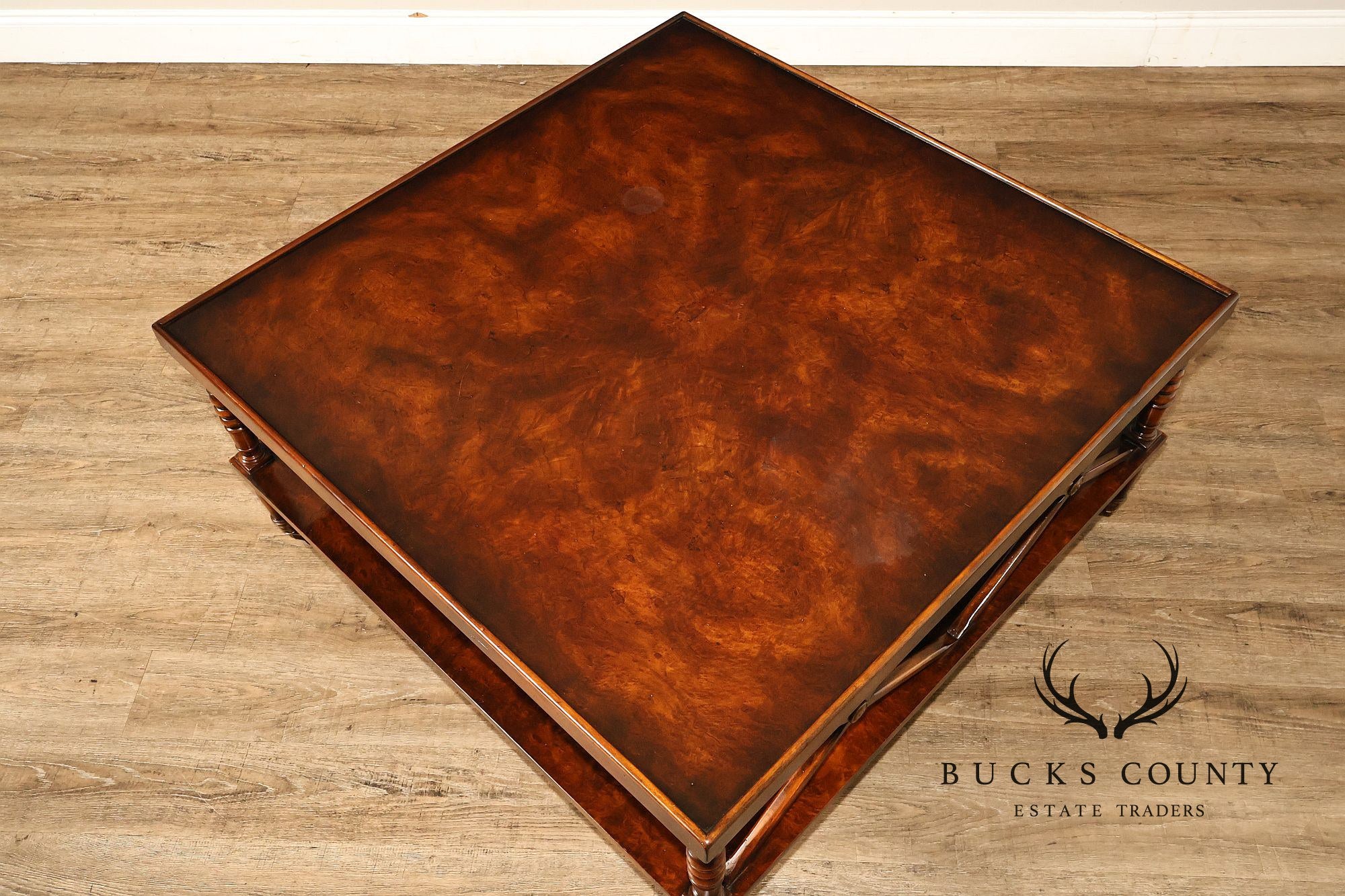 Regency Style Burl Wood Two-Tier Square Coffee Table On Brass Casters