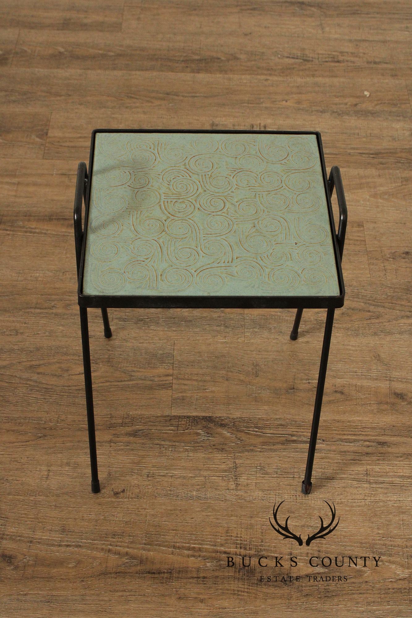 Mid Century Modern Pair of Wrought Iron Tile Top Tray Tables