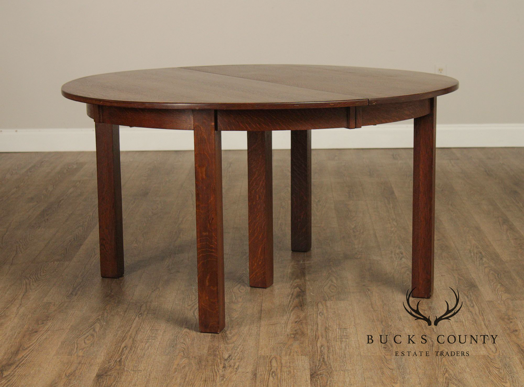 Antique Stickley Brothers 54 Inch Round Oak Expandable Dining Table