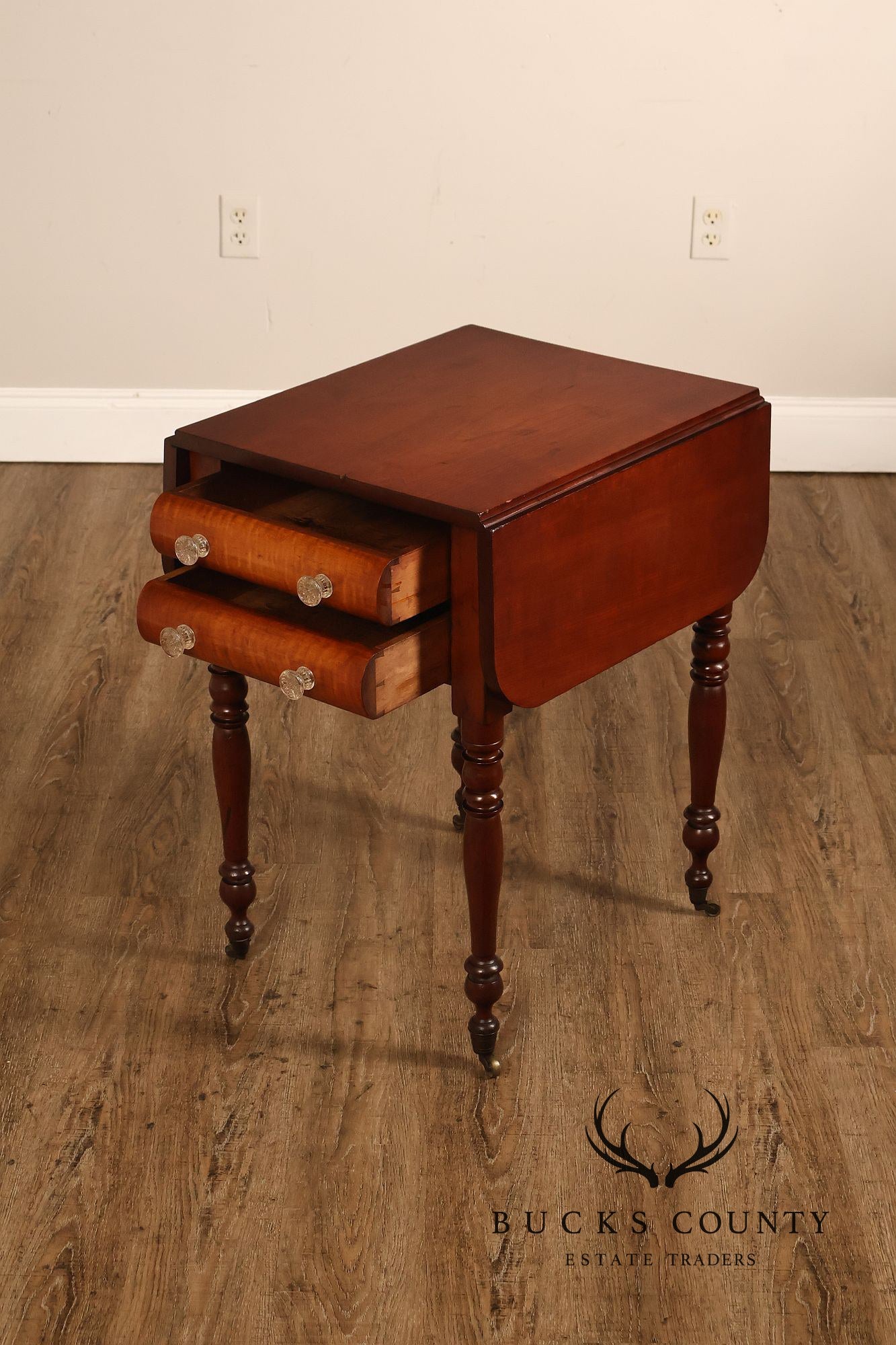 Antique American Sheraton Style Cherry And Tiger Maple Drop Leaf Work Table