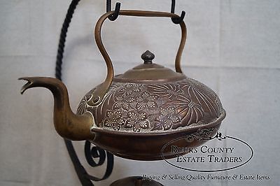 Antique 19th Century Copper Tea Kettle on Wrought Iron Stand