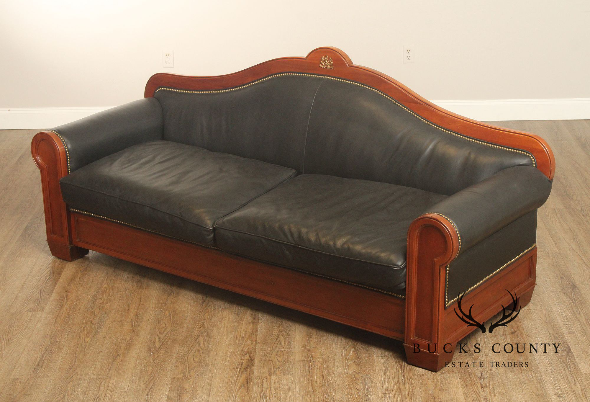 Ralph Lauren Empire Style Mahogany Frame Black Leather Sofa