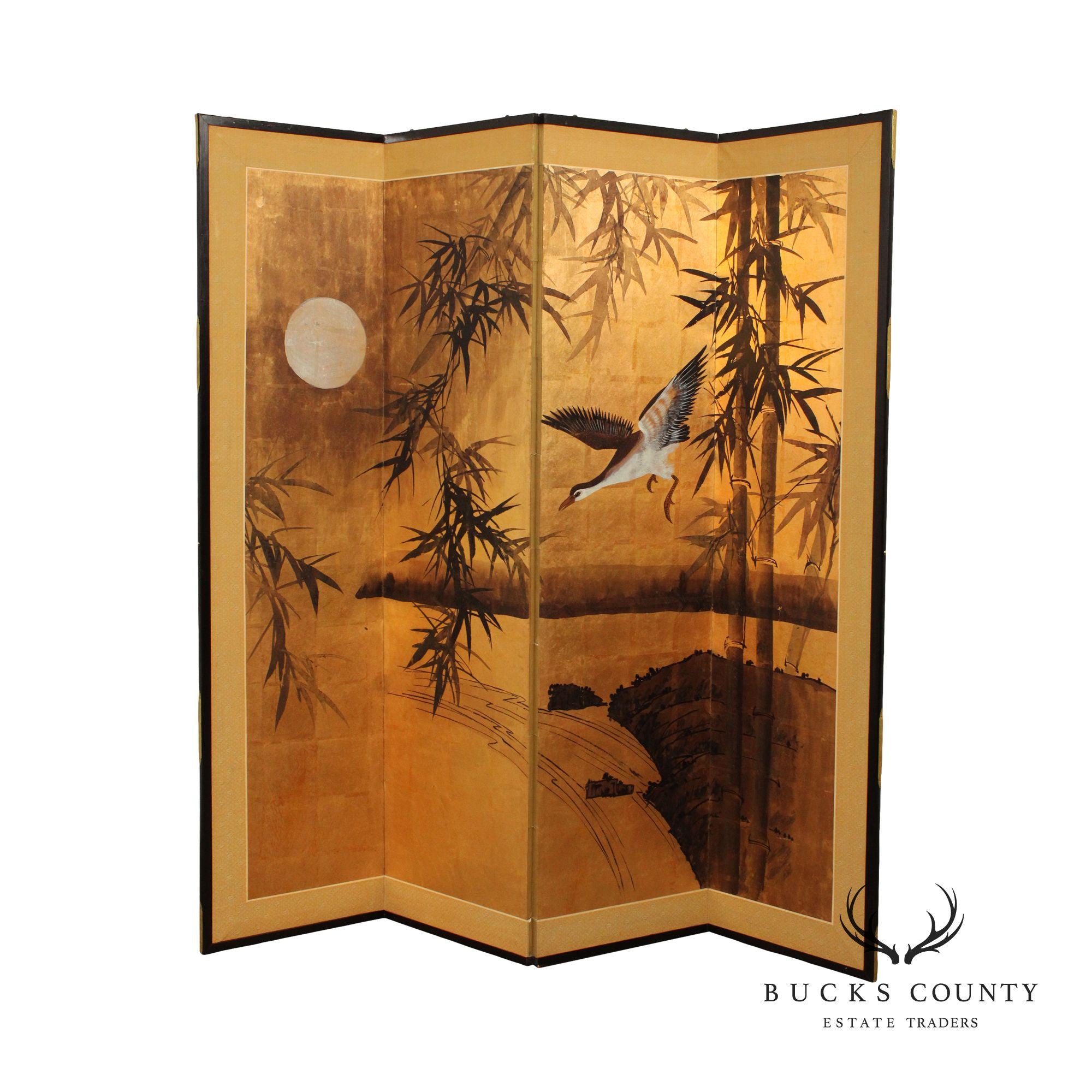 Japanese Hand Painted Four Panel Screen