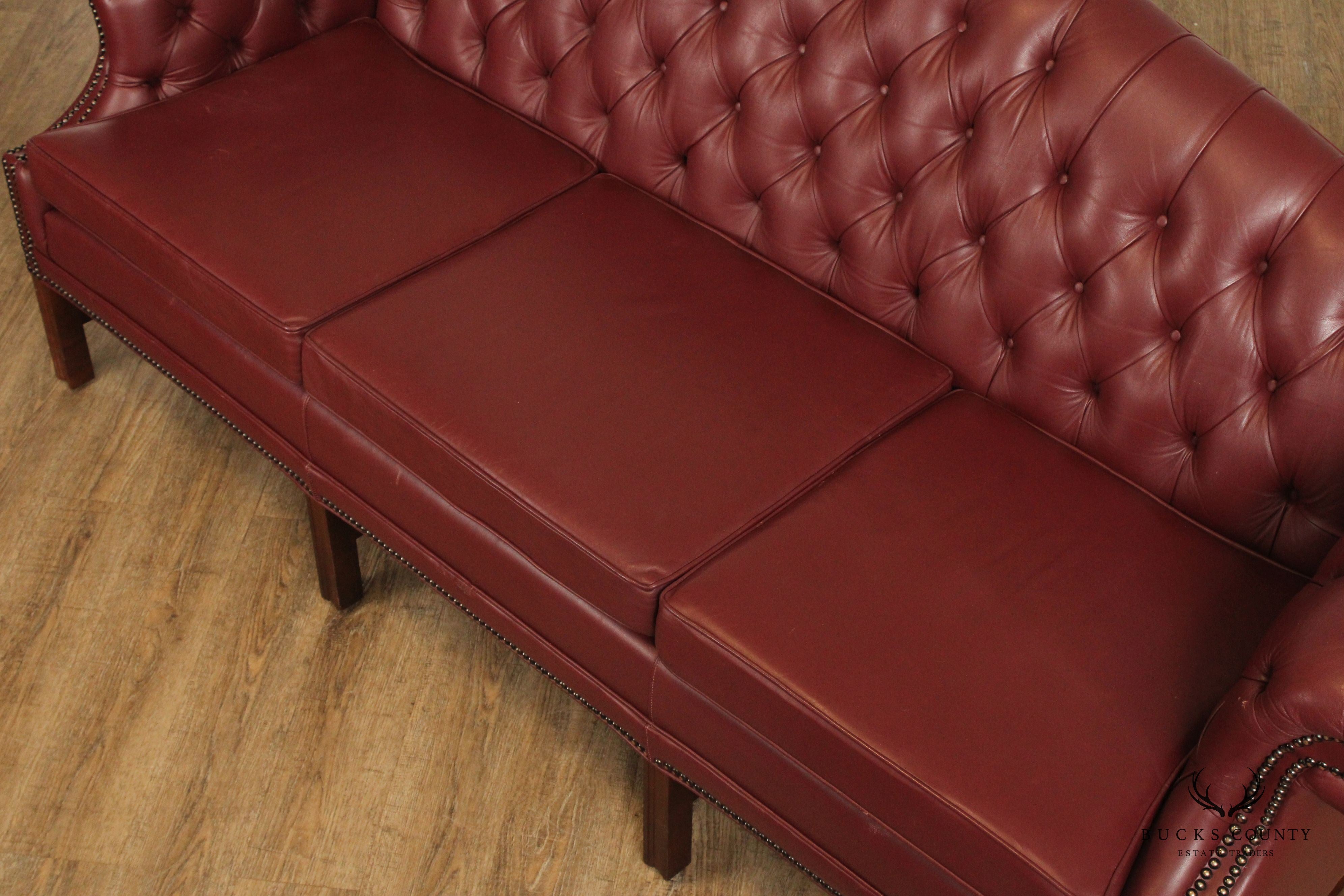 Chippendale Chesterfield Style Tufted Leather Camelback Sofa