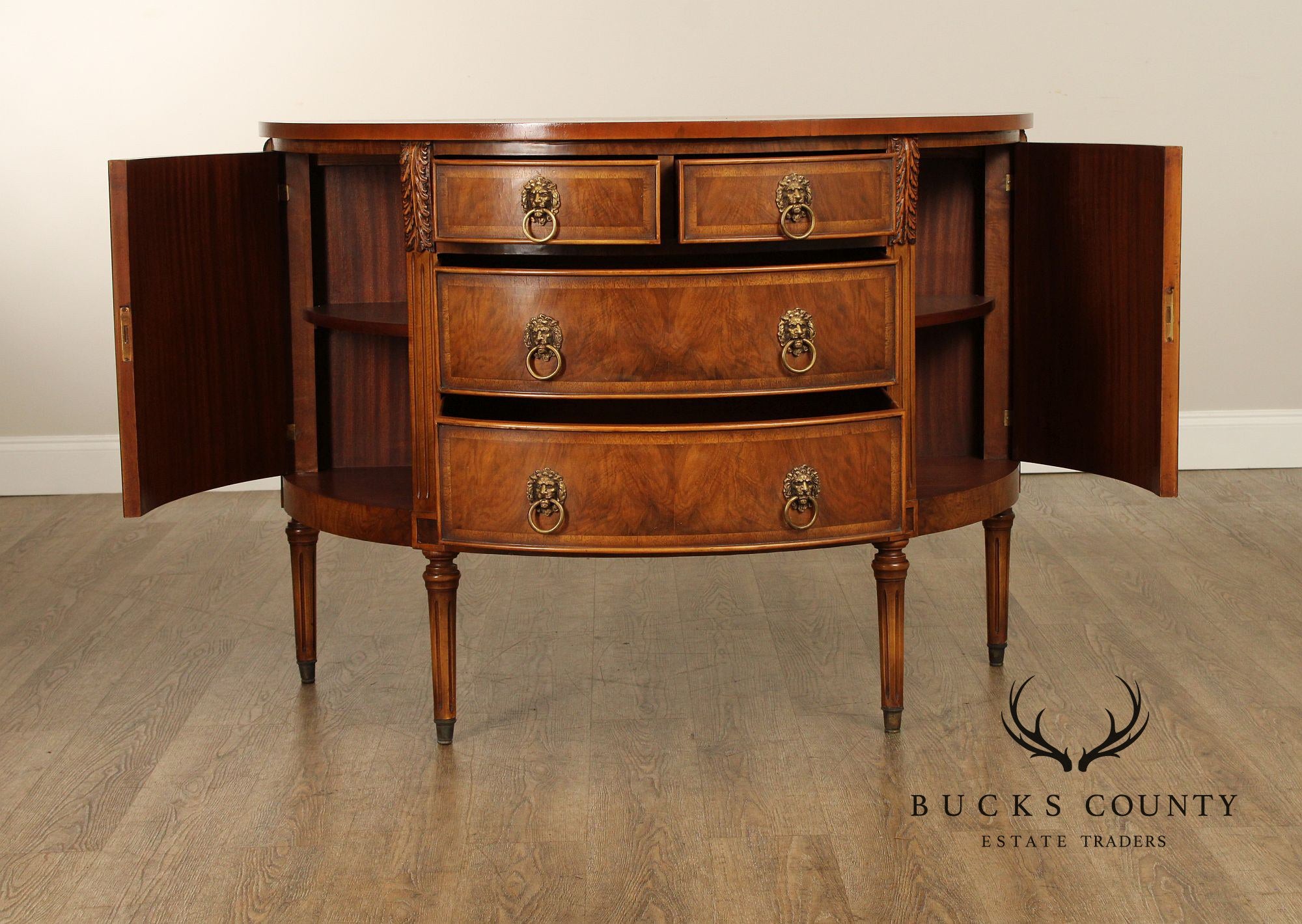 Regency Style Burl Walnut Demilune Commode