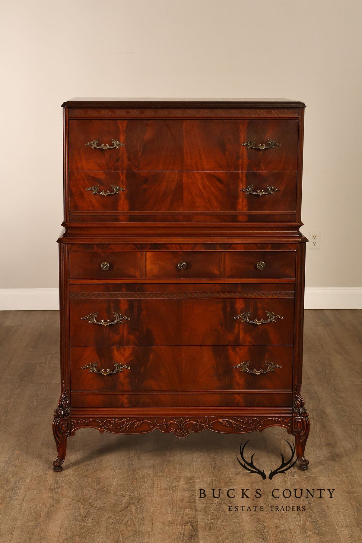 1940’s Flame Mahogany Carved Tall Chest