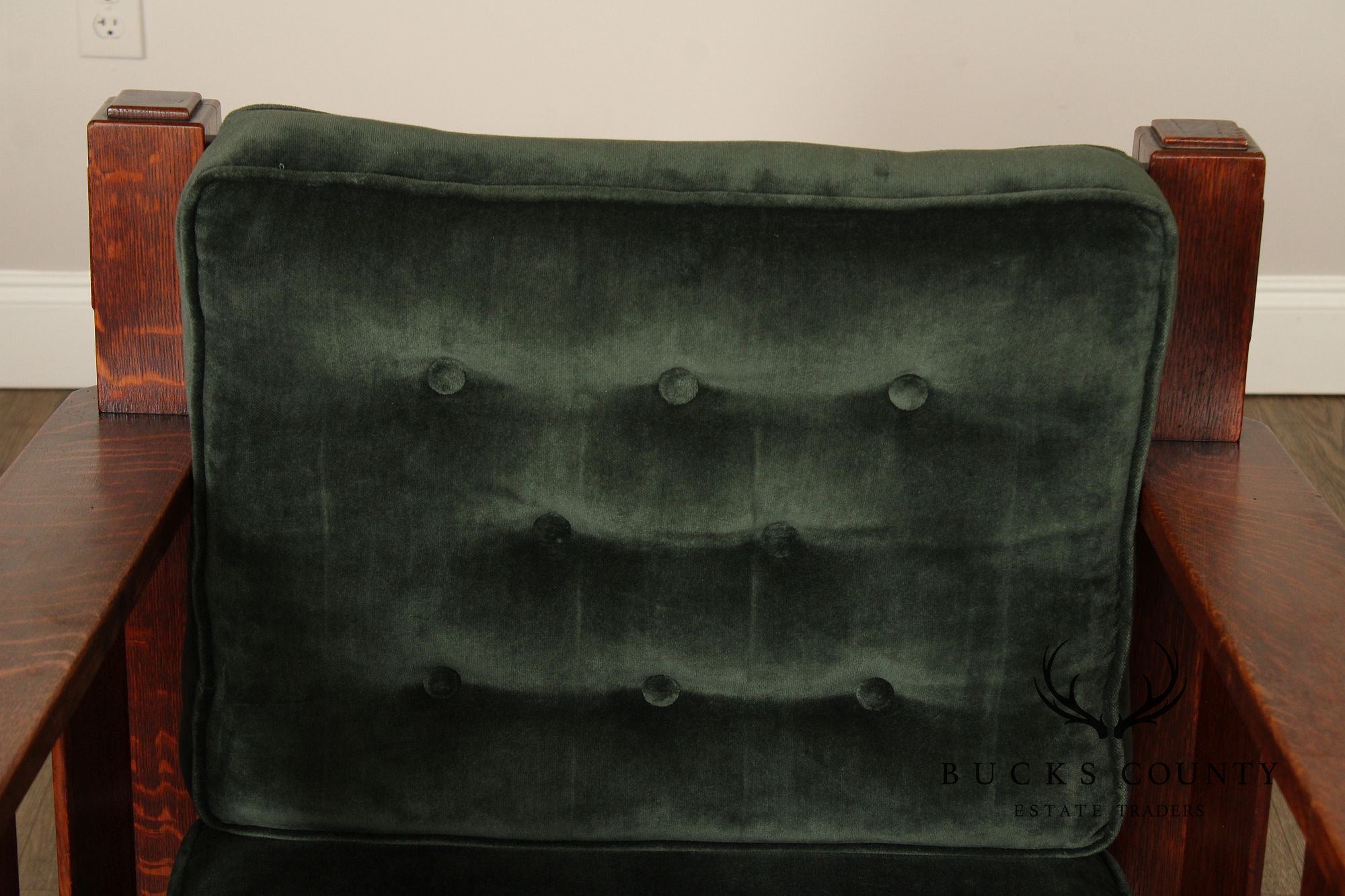 Stickley Brothers Antique Oak Arts & Crafts Rocking Chair With Green Upholstered Cushions