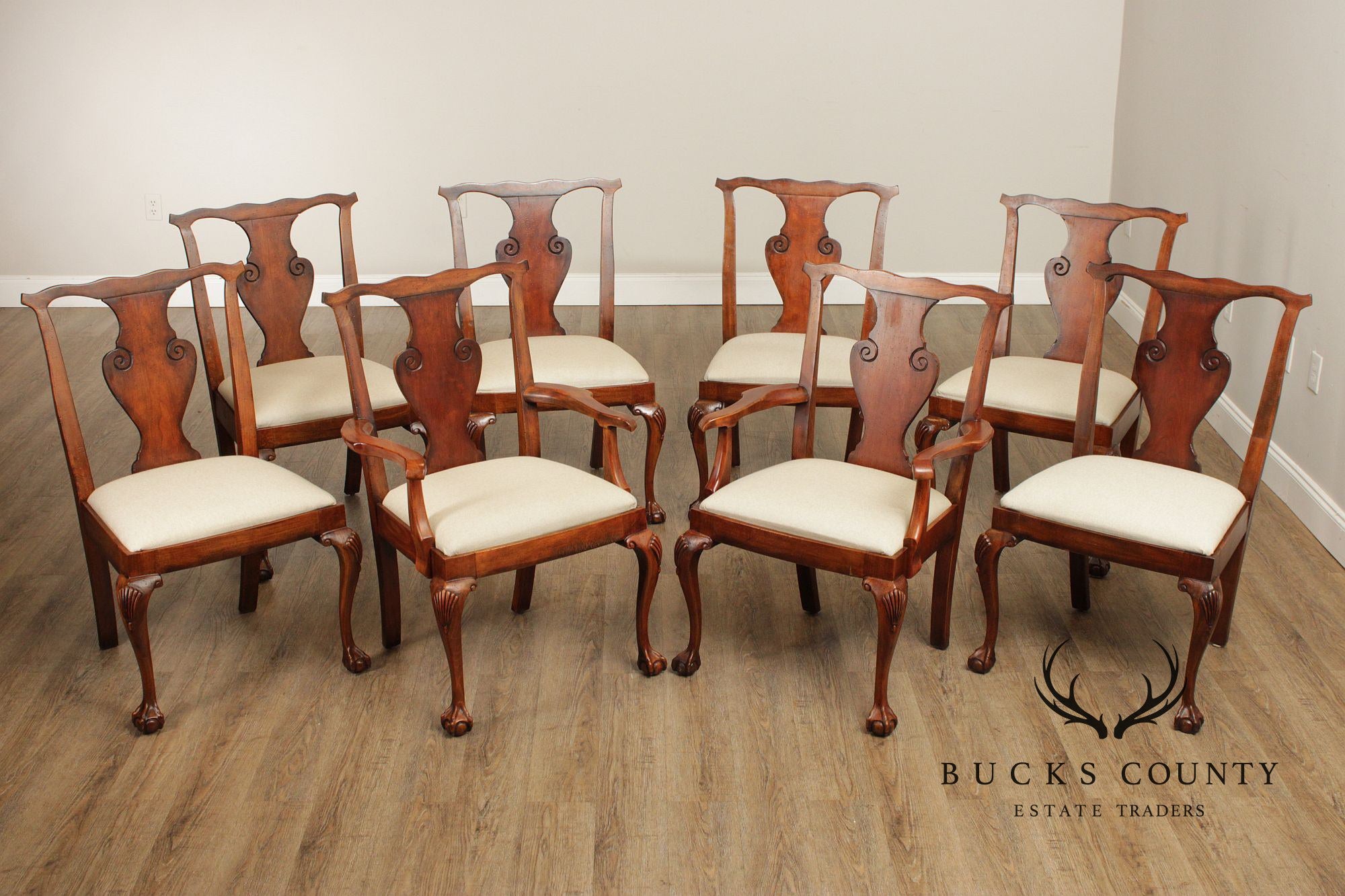 Ralph Lauren Georgian Style Set Of Eight Carved Dining Chairs