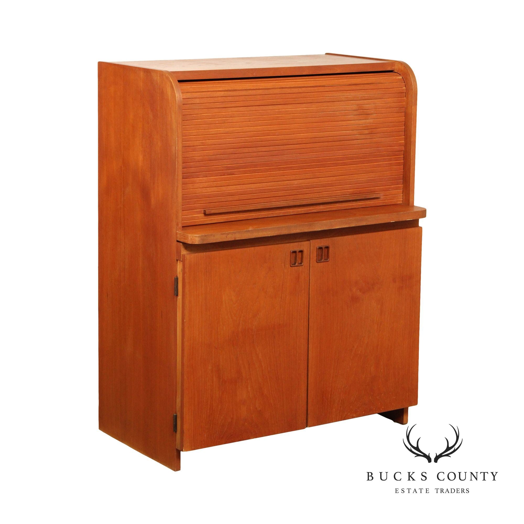 Danish Modern Vintage Teak Roll Top Bar Cabinet or Secretary Desk