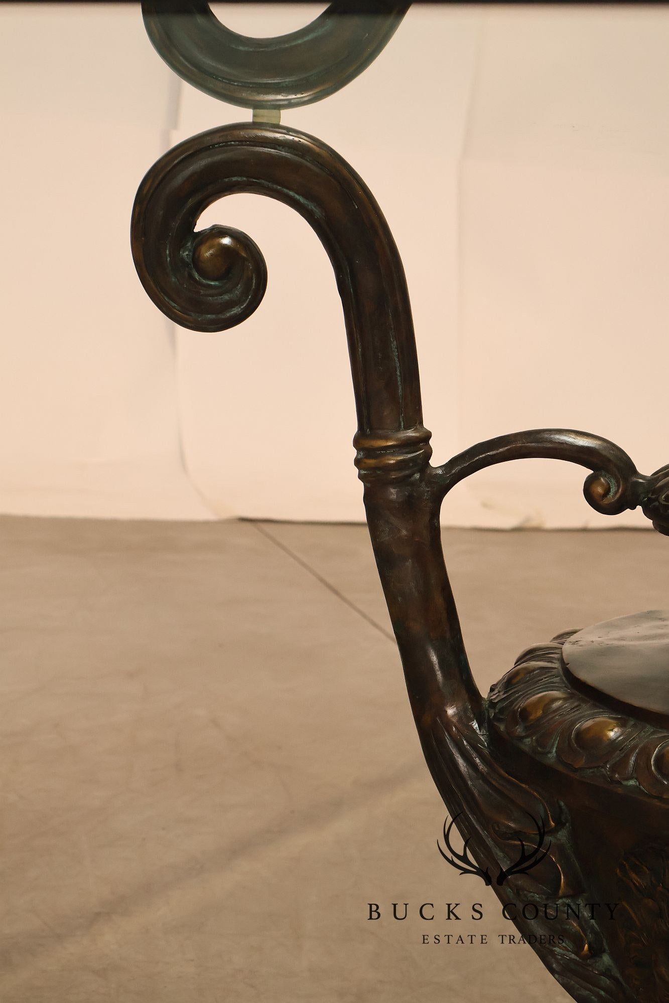 Monumental Brass Urn Form  Double Pedestal Glass Top Dining Table