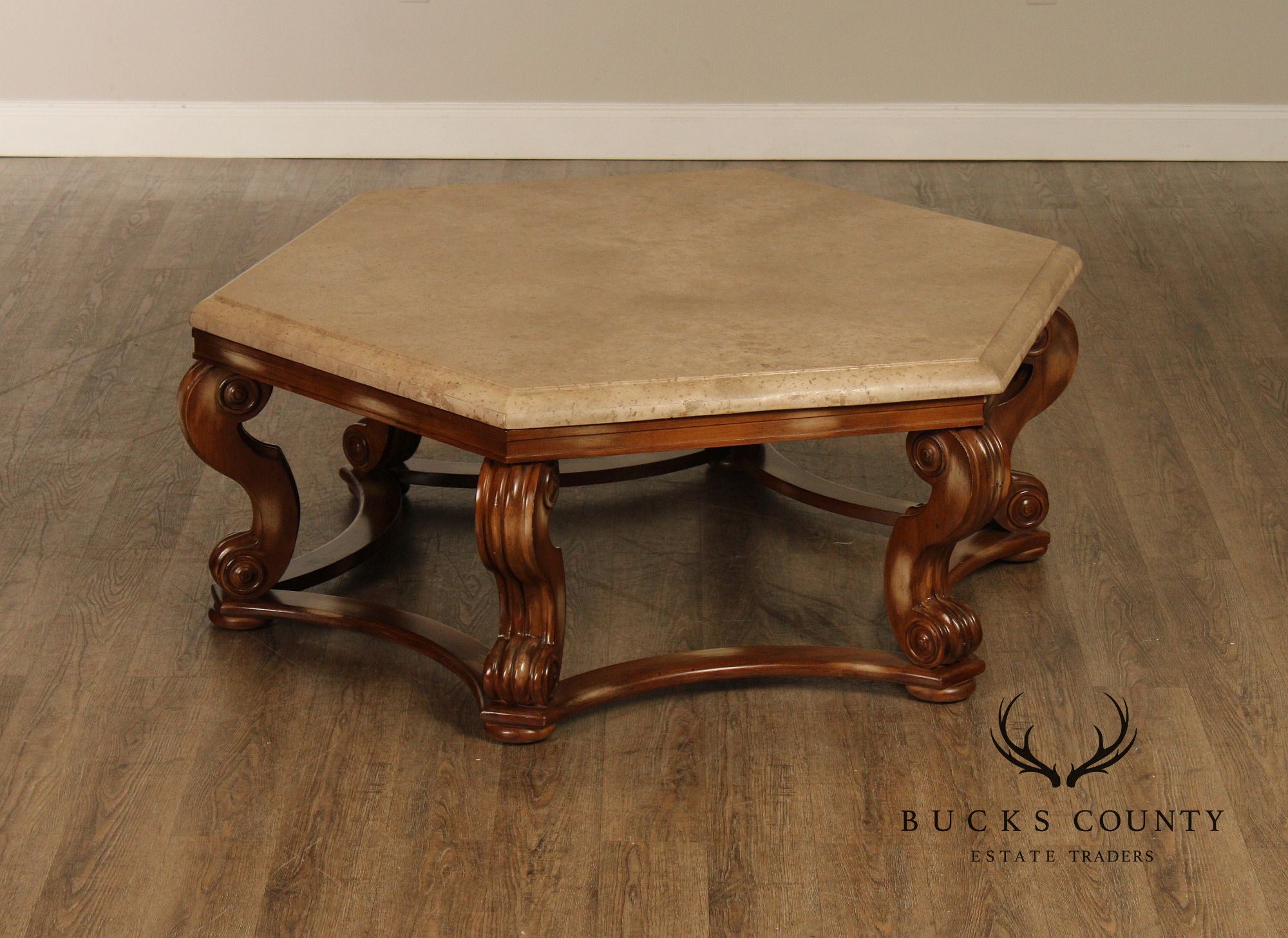 Century Furniture Tuscan Style Large Travertine Top Hexagonal Coffee Table
