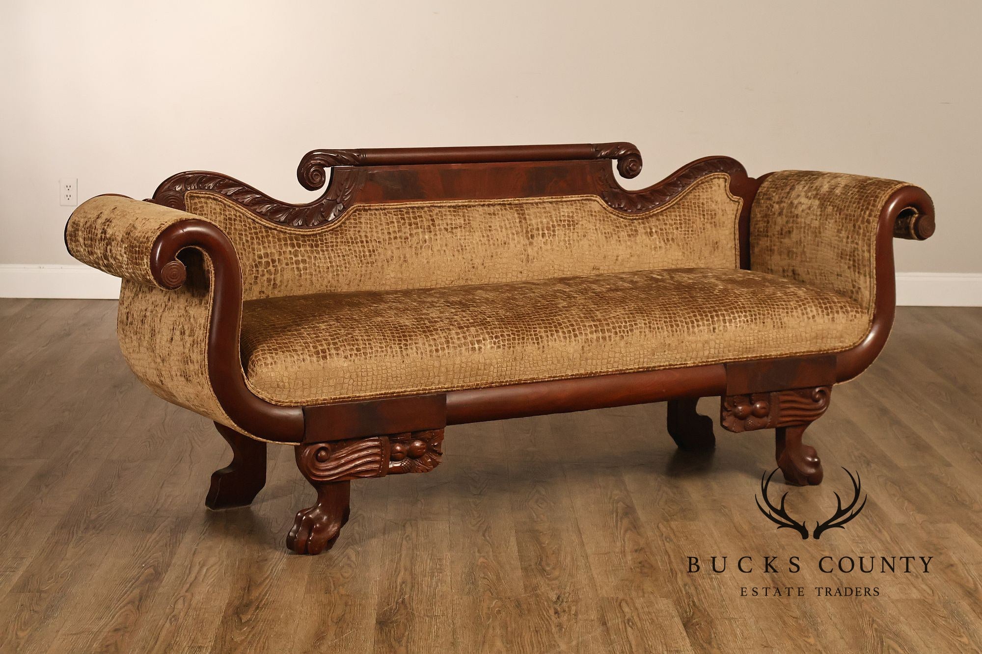 Antique American Classical Empire Style Mahogany Upholstered Sofa
