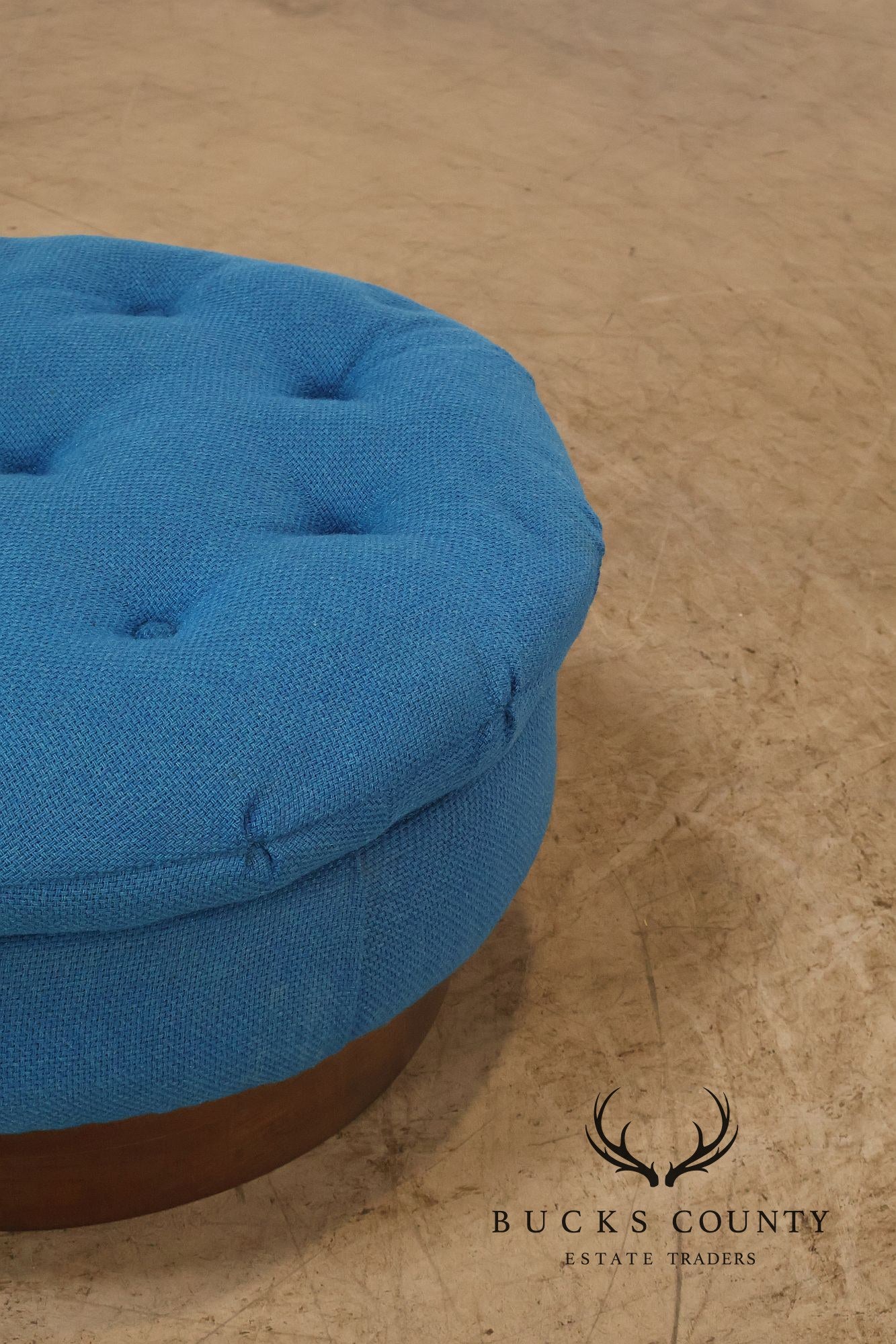 Vintage Schnadig Mid Century Modern Round Blue Upholstered Ottoman