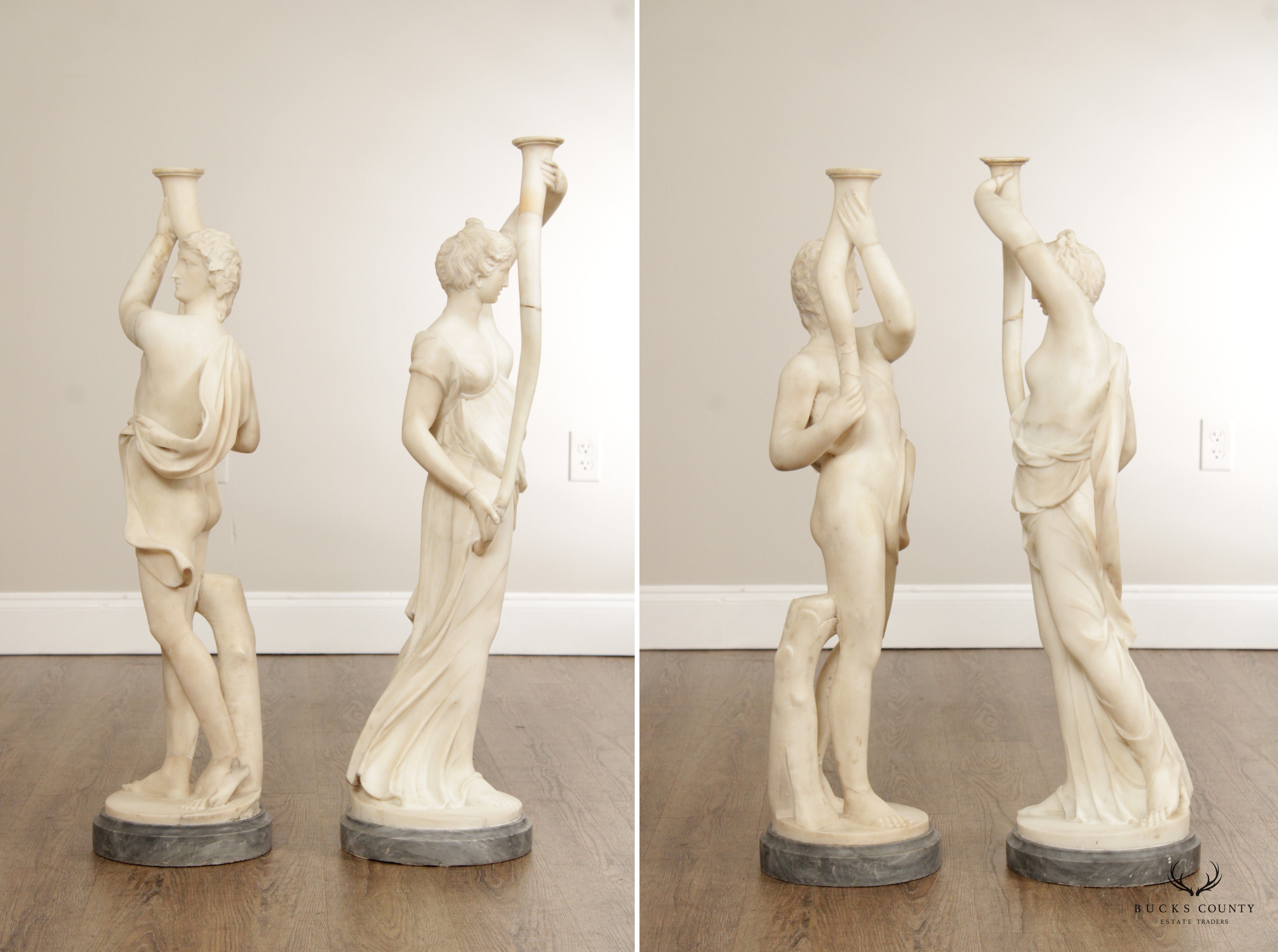 Antique Neoclassical Style Pair Large Carved Marble Figural Statues