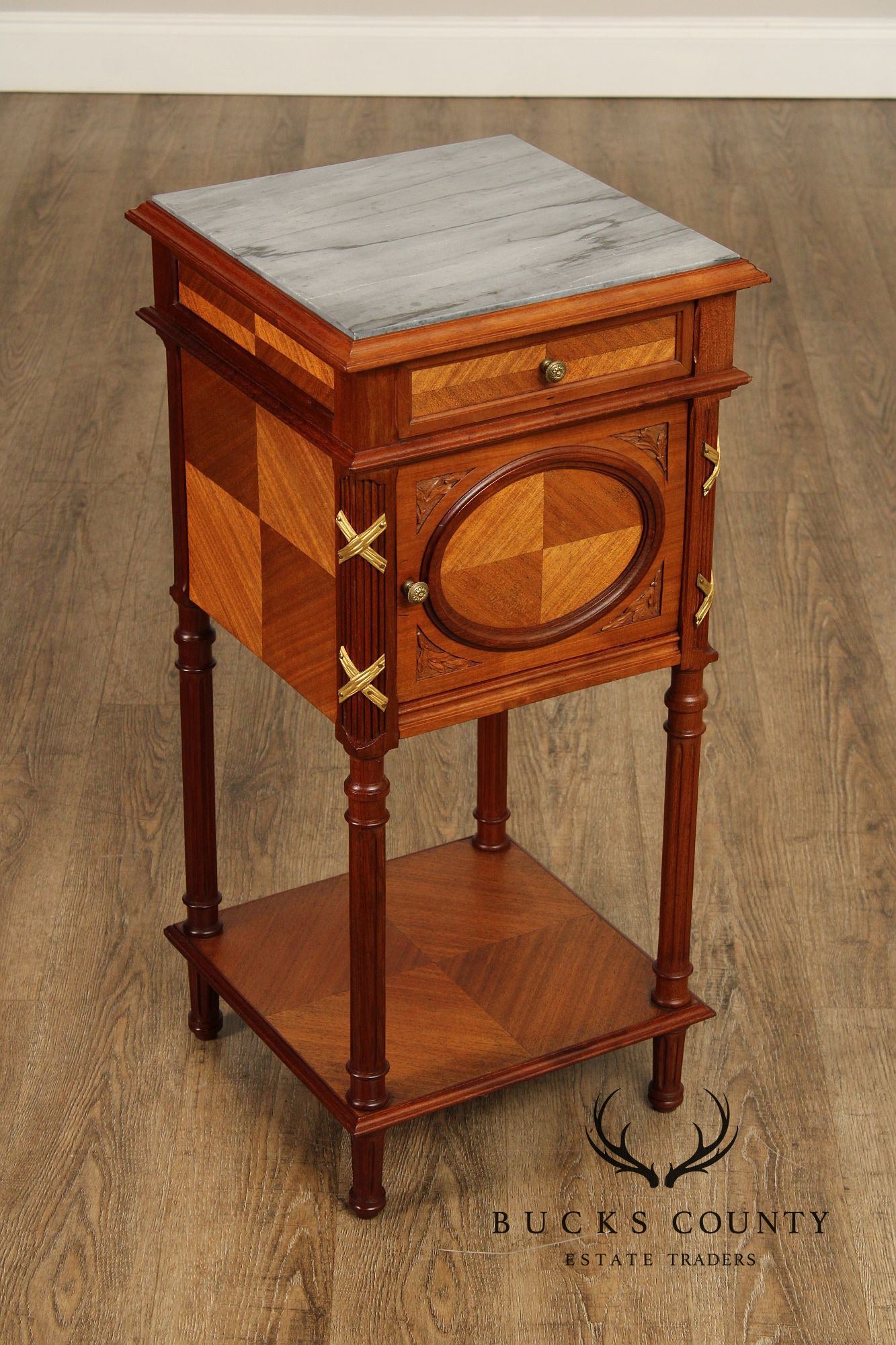 French Louis XVI Style Marble Top Mahogany Nightstand Cabinet