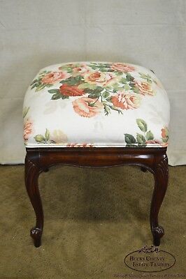 French Louis XV Style Solid Mahogany Floral Upholstered Ottoman Foot Stool