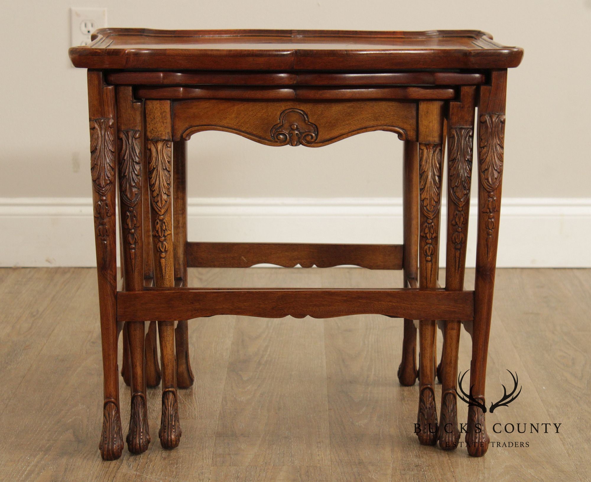 French Louis XV Style Set of Three Burl Walnut Nesting Tables