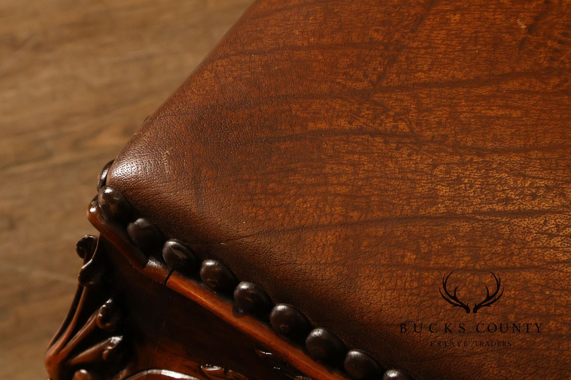 Rococo Style Leather Upholstered Carved Mahogany Window Bench