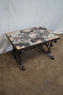 Antique Italian Hand Forged Iron Coffee Table w/ Mosaic Stone Top