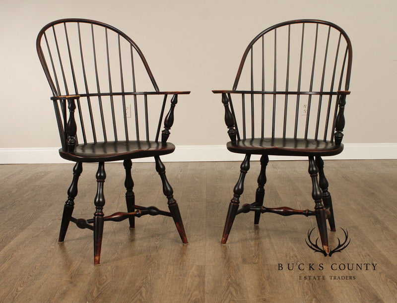 Custom Quality Pair of Distressed Painted Windsor Armchairs