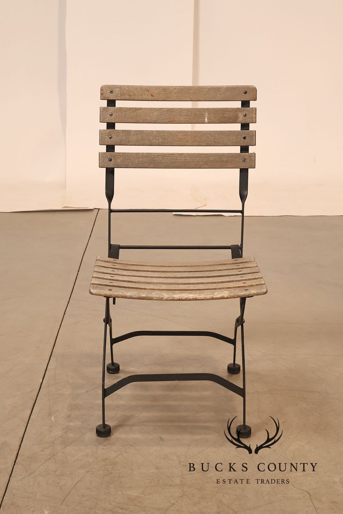 French Style Set of Four Teak and Wrought Iron Bistro Chairs