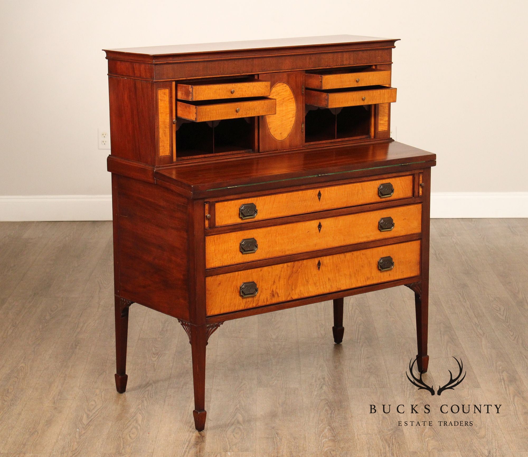 Federal Style Inlaid Mahogany And Tiger Maple Tambour Door Writing Desk