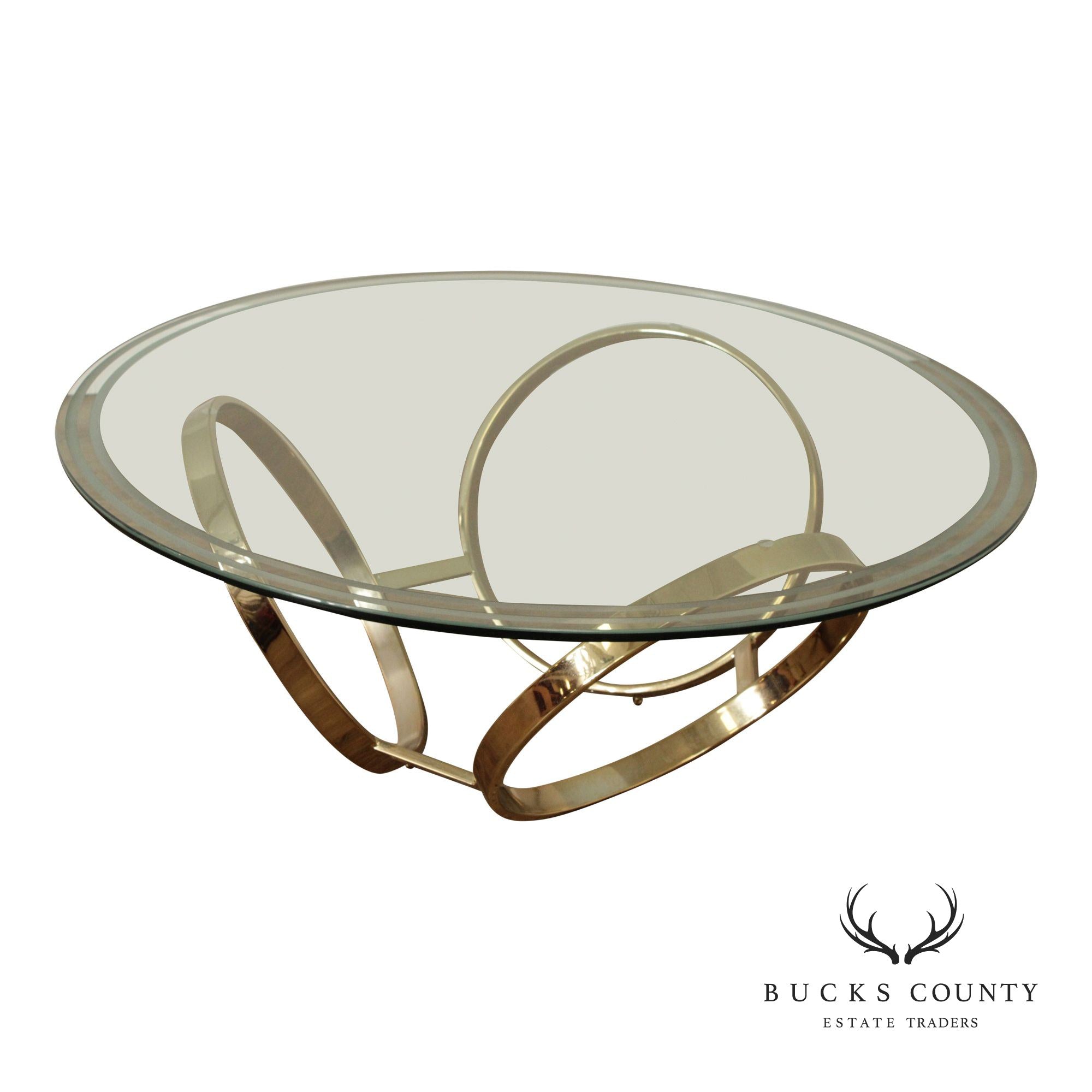 Postmodern Round Glass Top Three Ring Base Coffee Table