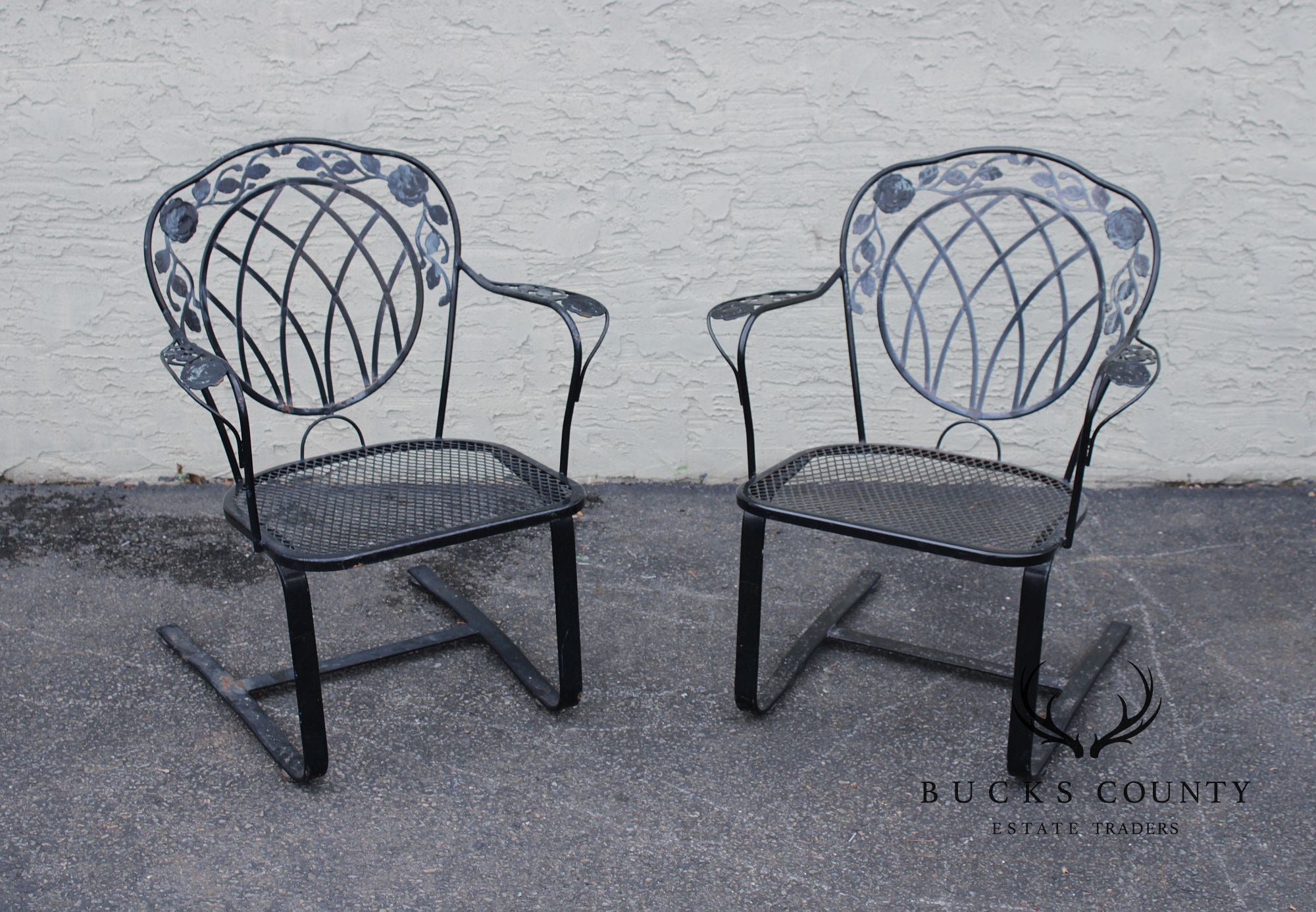 Vintage Pair of Outdoor Patio Wrought Iron Spring Armchairs