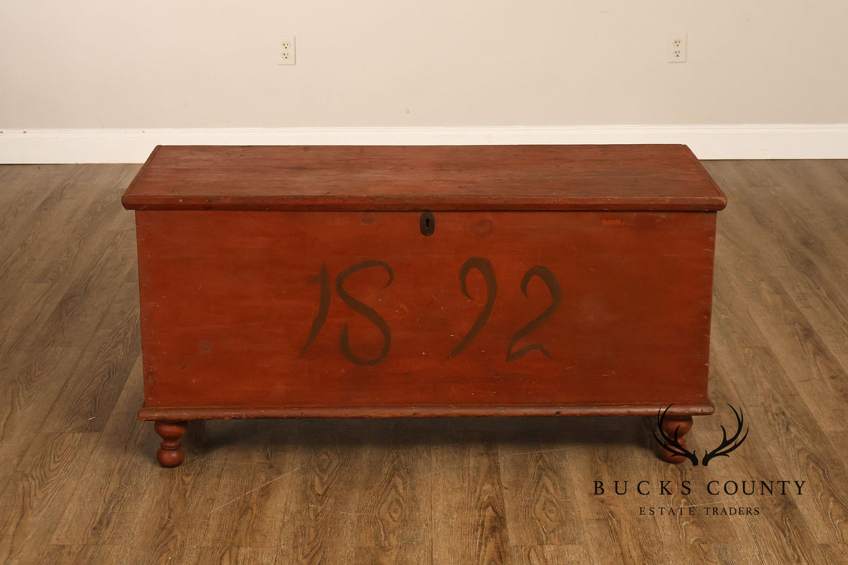 Antique Primitive Pine Painted Blanket Chest On Turned Feet