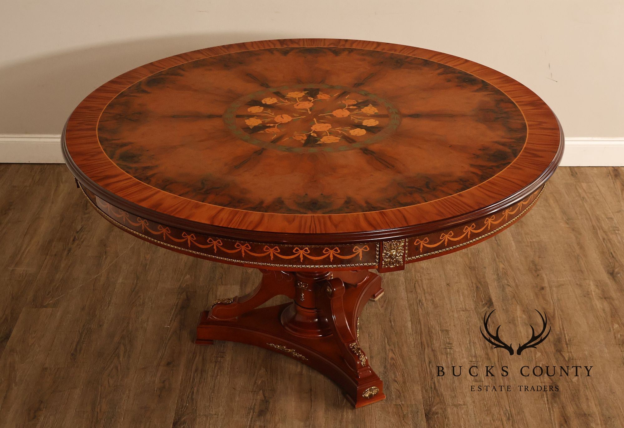 60” Round Pedestal Inlaid Burl Wood Dining or Center Table